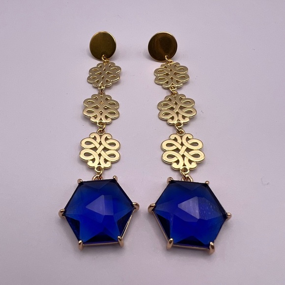 Elegant Dark Blue Dangle Statement Earrings - Long Stylish Wedding Earrings - Picture 2 of 10